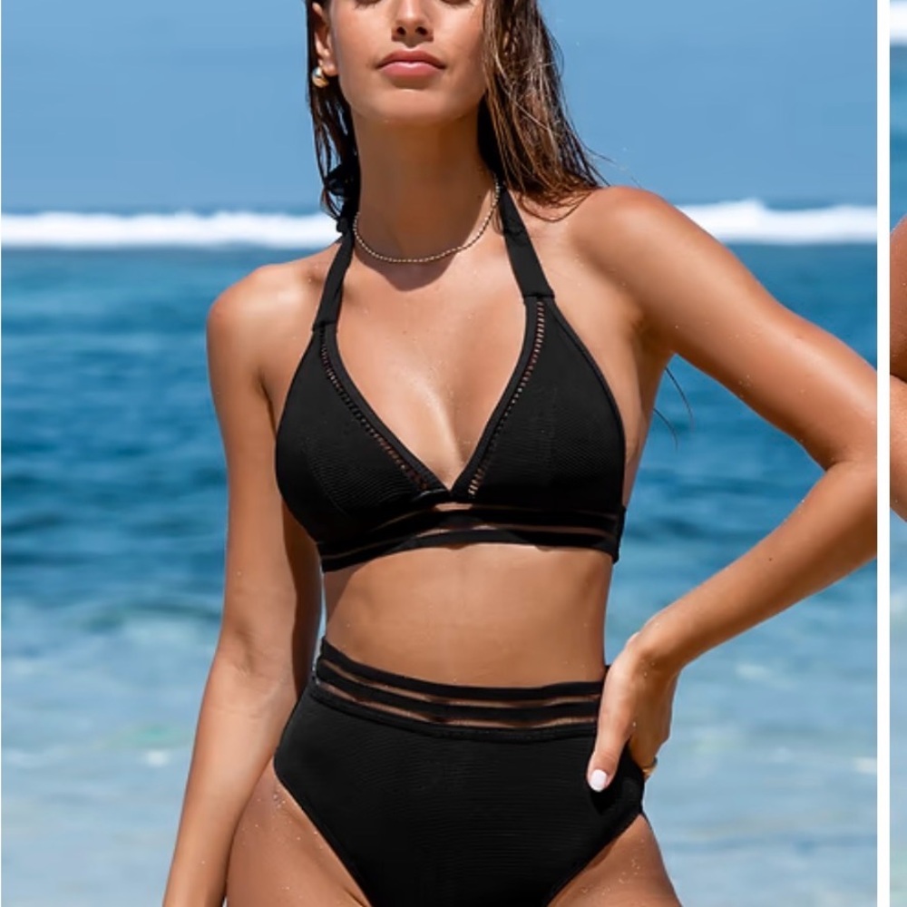 Black Halterneck Bikini Top & High-Waisted Bottoms Set - Picture 4 of 4